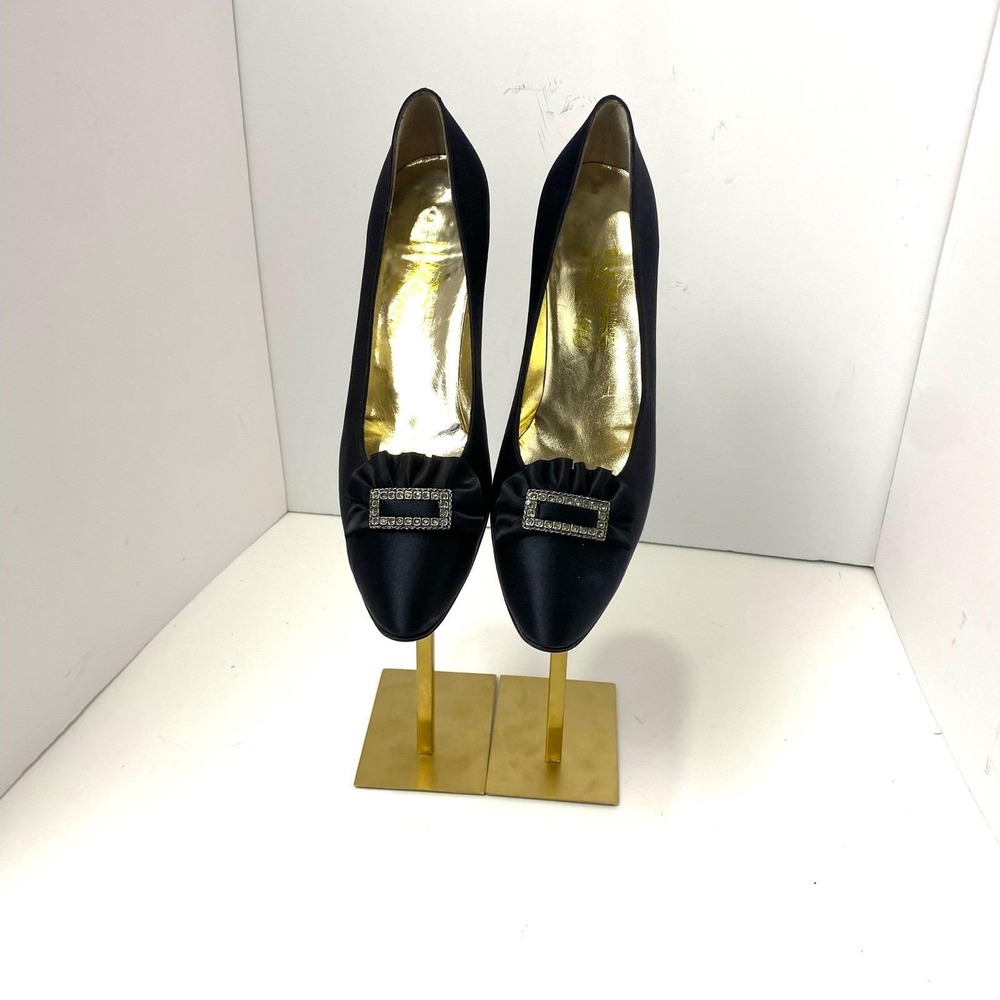 VTG Salvatore Ferragamo Blk Silk Satin Rhinestone Buckle Kitten Heel Pumps Italy